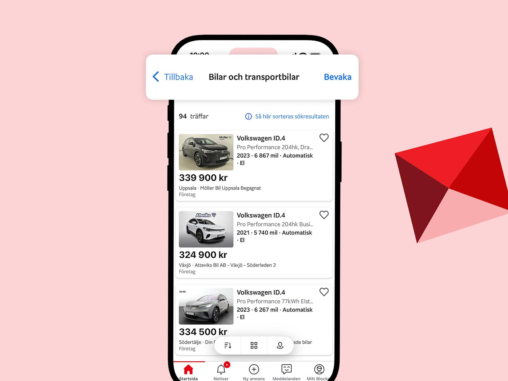 Mobil som visar meny framför rosa bakgrund med grafik