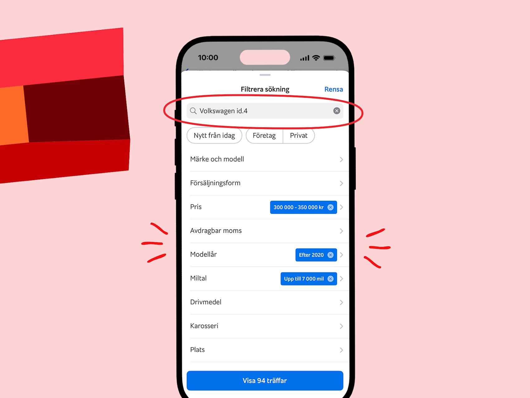 Mobil som visar meny framför rosa bakgrund med grafik