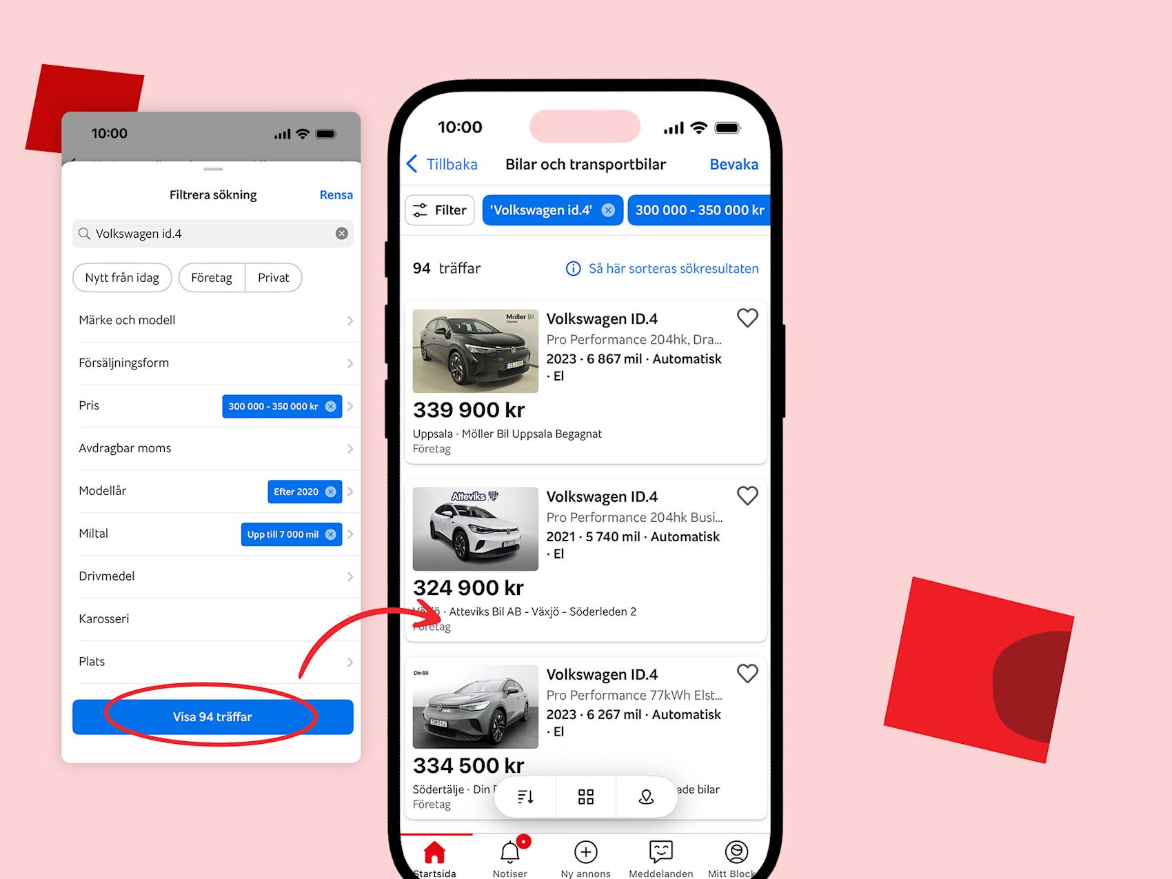 Mobil som visar meny framför rosa bakgrund med grafik