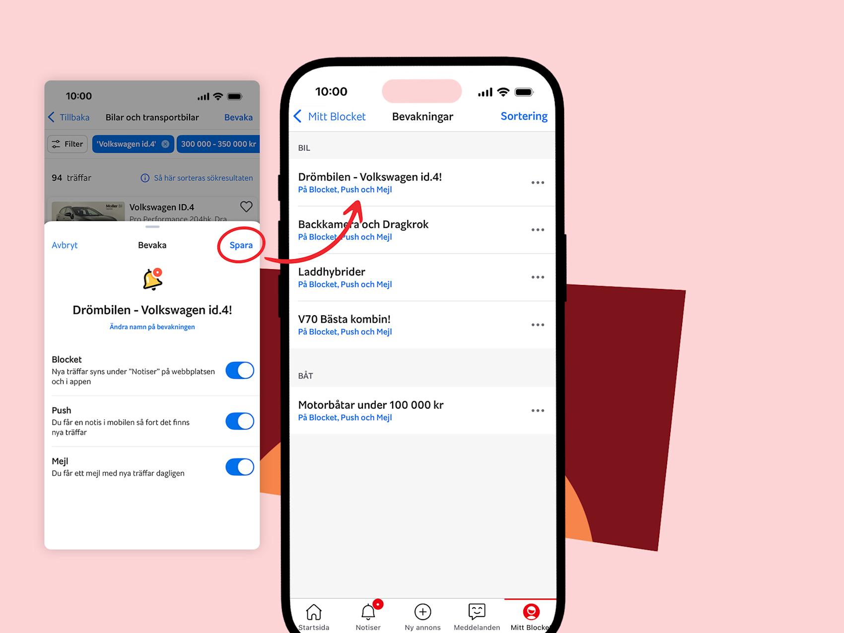 Mobil som visar meny framför rosa bakgrund med grafik