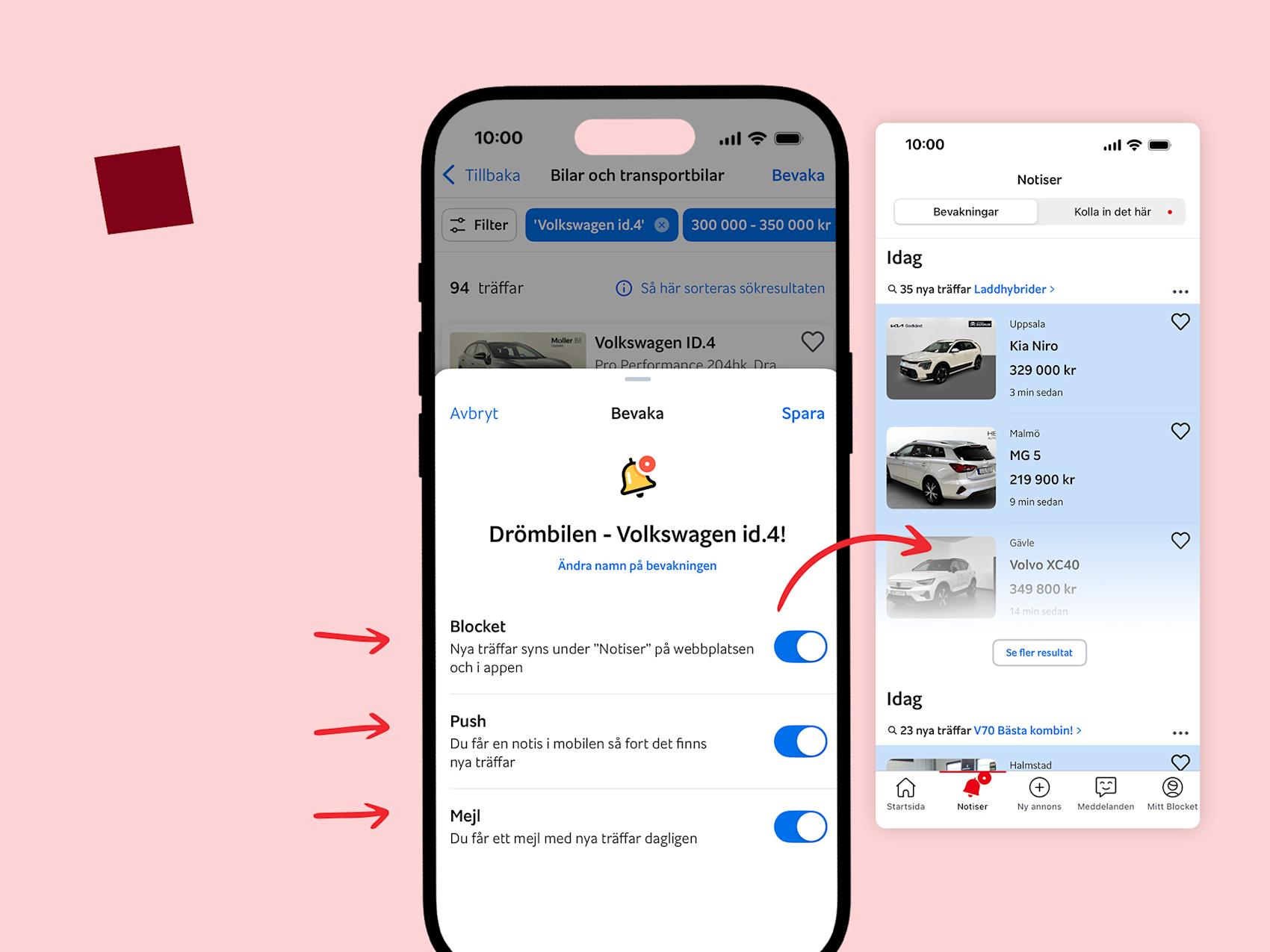 Mobil som visar meny framför rosa bakgrund med grafik
