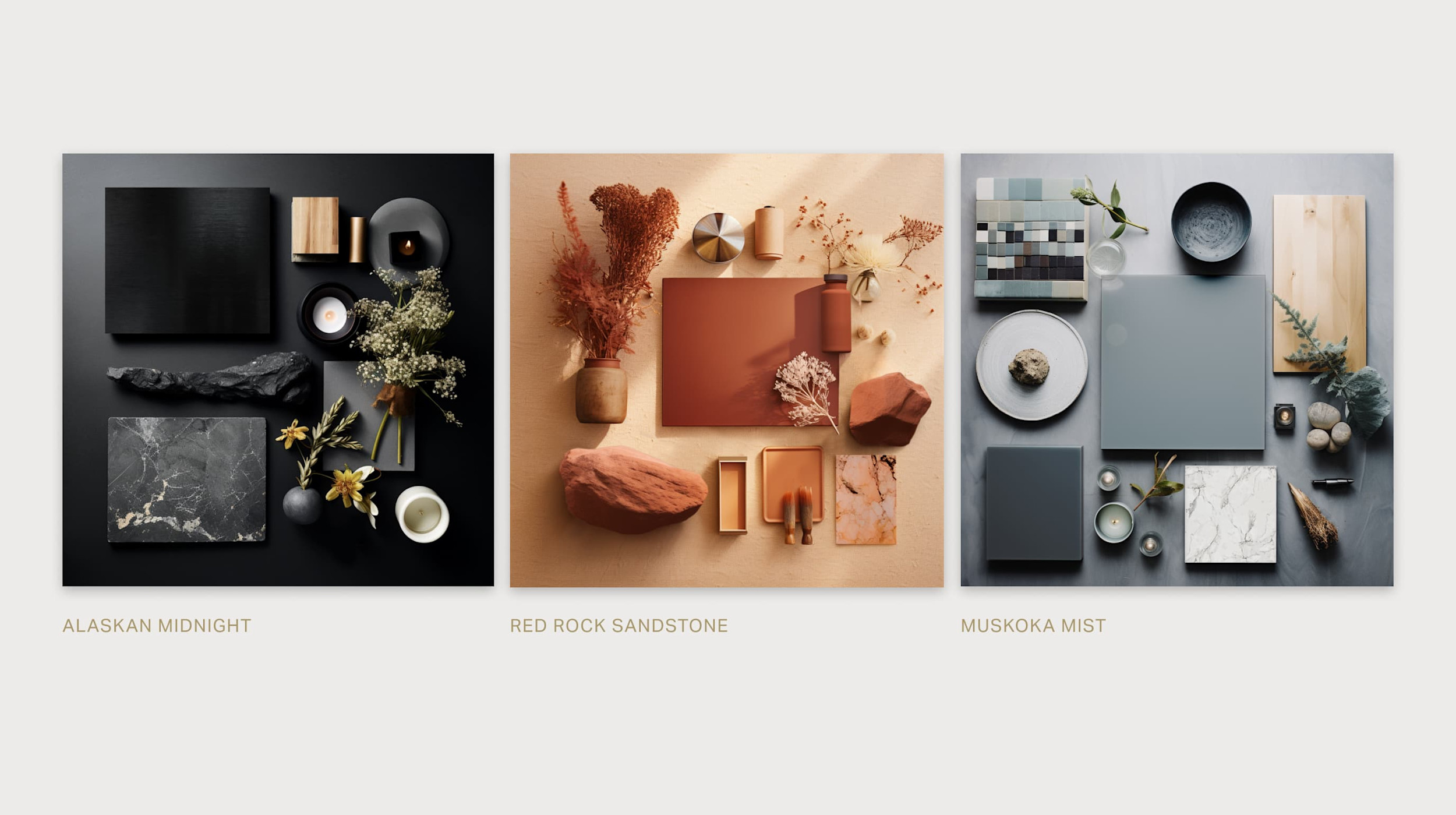 Alaskan Midnight, Red Rock Sandstone, Muskoka Mist colour flatlays