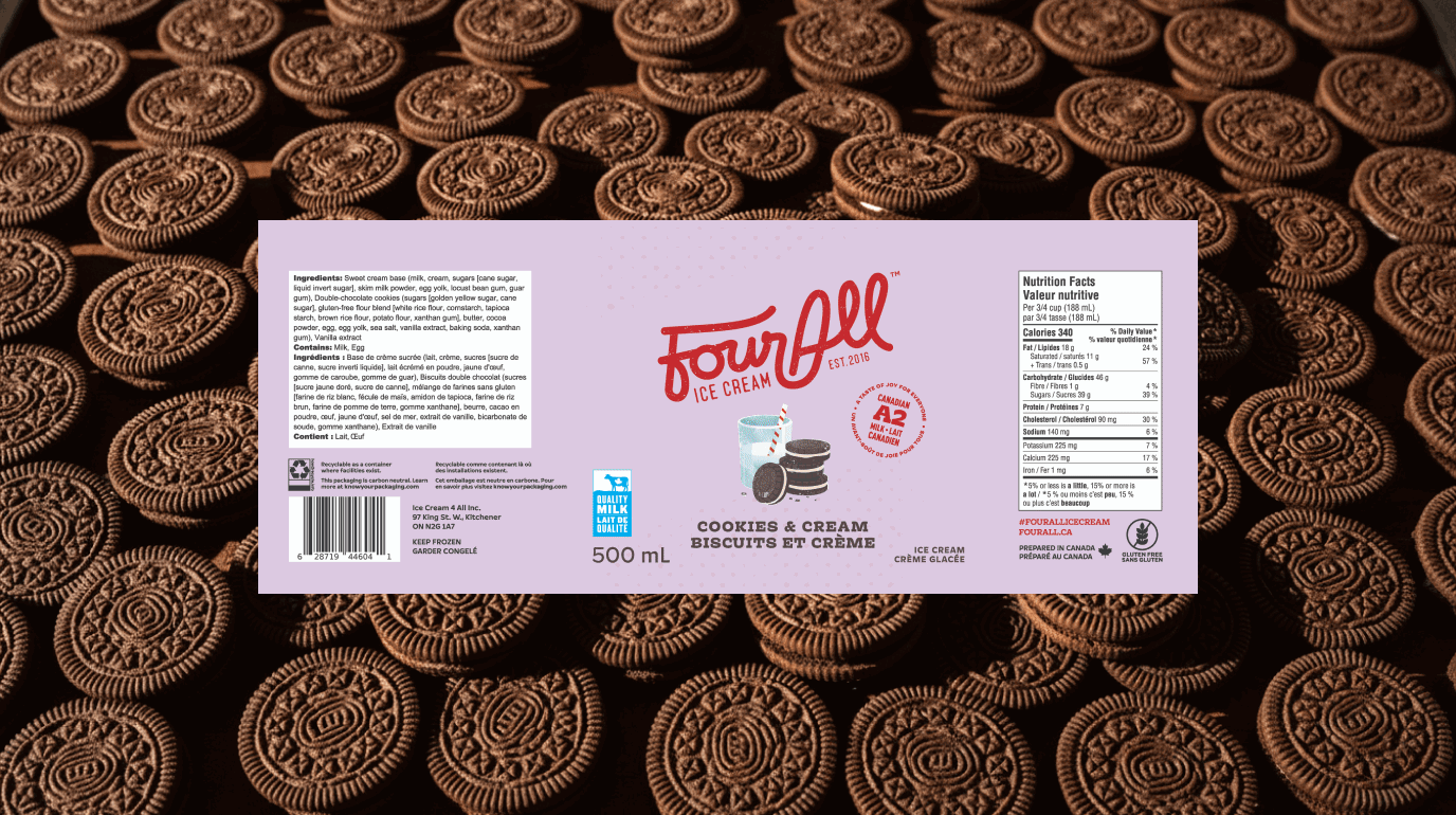 Four all cookies and cream label