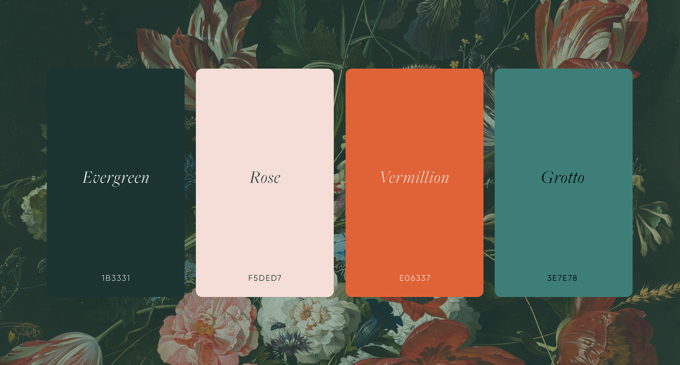 Colour Palette, evergreen, rose, vermillion, grotto