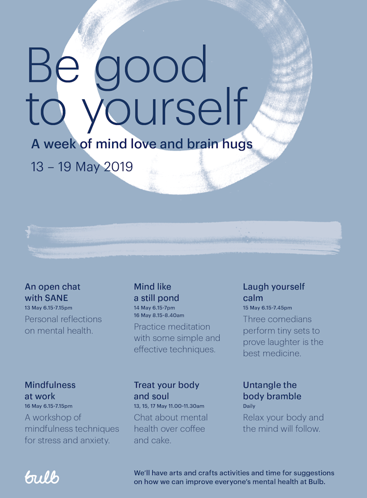 A poster advertising events for Mental Health Awareness week at Bulb