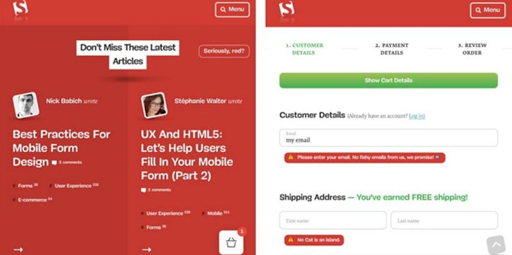 A screenshot from Smashing magazine, showing playful copy in error messages