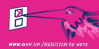 An illustration of a stork registering to vote, with the URL attached www.gov.uk/register-to-vote