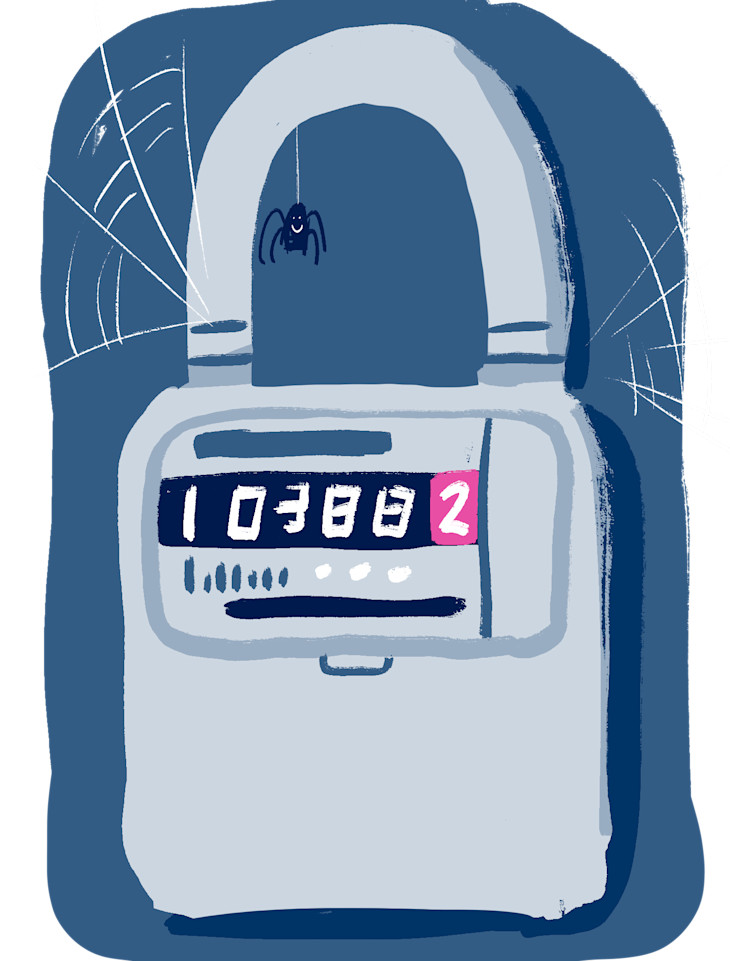 Illustration of a padlocked energy meter with dangling spider