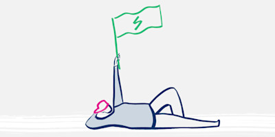 An illustration of a Bulb member waving a flag with a lightening bolt on it