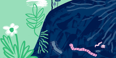 Illustration of some happy critters and tree roots in soil.