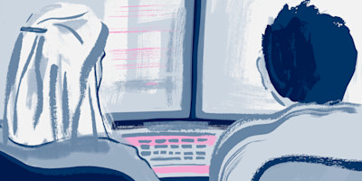 An illustration of two team members working at Bulb
