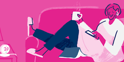 Illustration of a Bulb member on their sofa next to a Nest thermostat.