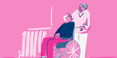Illustration of an elderly couple staying toasty by a radiator