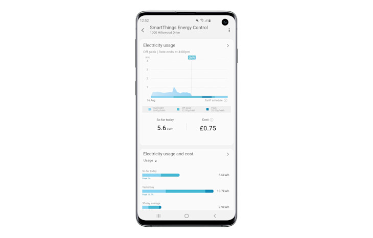 The SmartThings app UI as shown on the Galaxy S10 smart phone