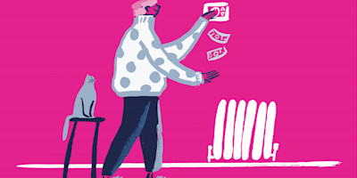 Illustration of someone in a cosy jumper turning down their thermostat.