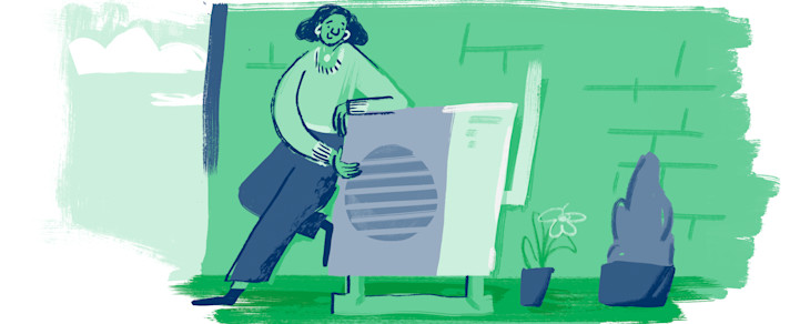 An illustration of a person with a low-carbon heat pump on the outside of their house used to heat their home