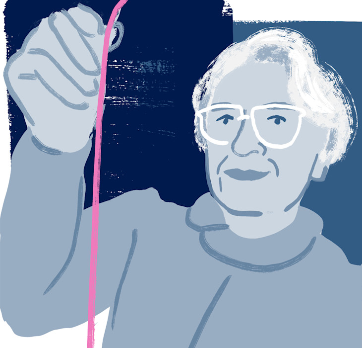 Illustration of Stephanie Kwolek holding a pink synthetic fibre