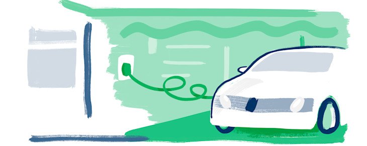 An illustration of an electric vehicle plugged in at home