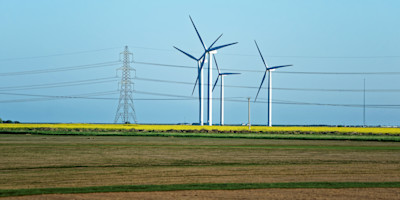 Wind farms in distance.