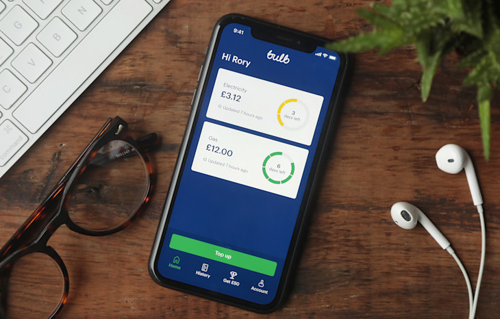 A phone showing the Bulb app for Smart Pay As You Go members.