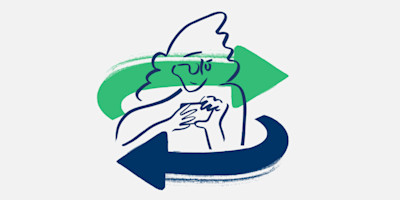 A woman with a curved blue arrow going left and a curved green arrow going right in front of her.