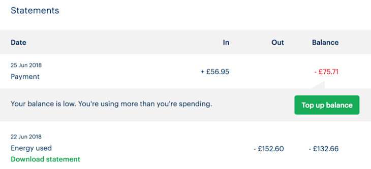 An example of the Bulb Account payments and statements screen