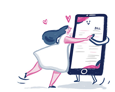 An illustrated bulb member dancing romantically with her energy bill on a tablet computer.
