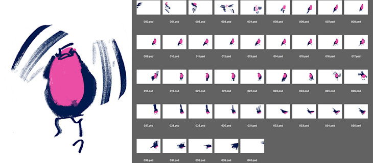 A screenshot showing 41 edited drawings that make up the animated frames of the Robin
