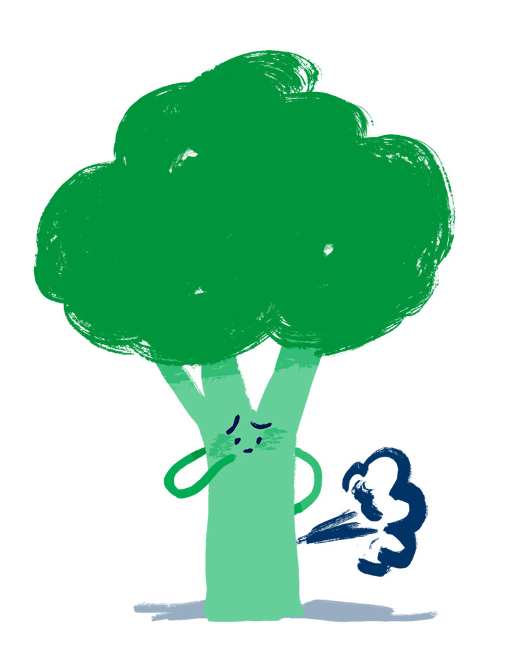 Illustration of a piece of broccoli passing wind and looking guilty