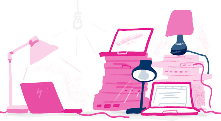 Illustration of laptops and lights working from home
