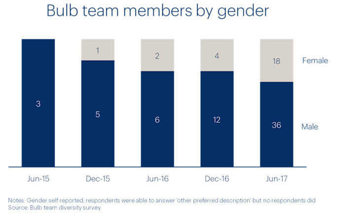 A chart showing the diversity of Team Bulb over time