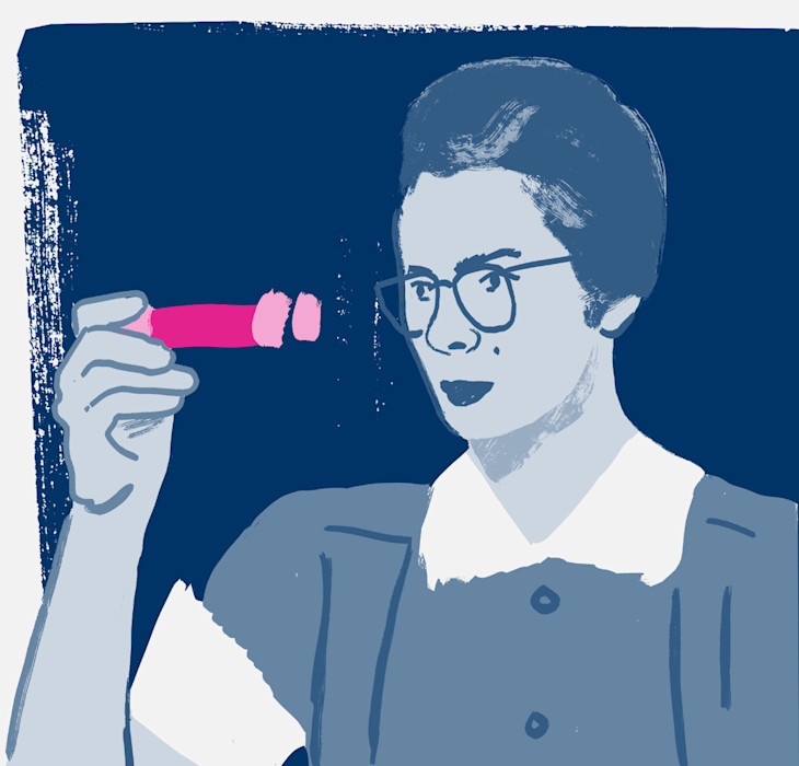 Illustration of Dr Katharine Burr Blodgett looking at a test tube