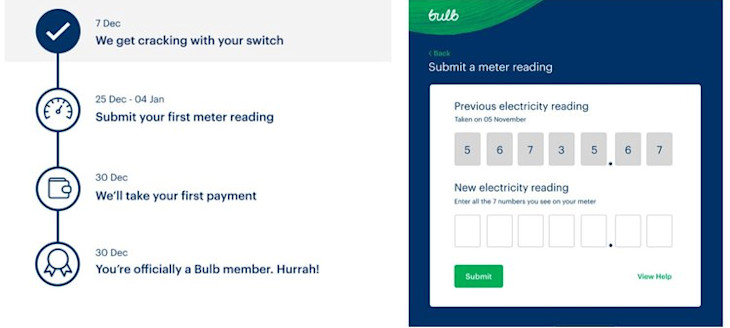 Screenshot of switch timeline (left) and submit meter reading on Bulb account (right)
