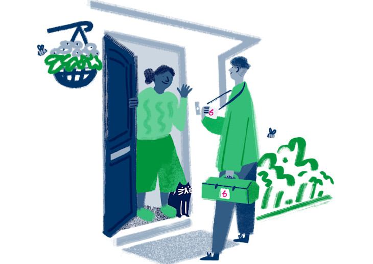 Illustration of a friendly Bulb engineer visiting a member's home.