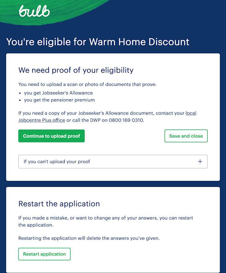 An image of the form for the Warm Home Discount application process