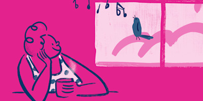 An illustration of a happy Bulb member enjoying some bird song out their window