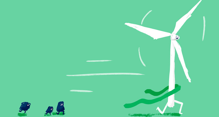 Illustration of a wind turbine beating some coal in a foot race