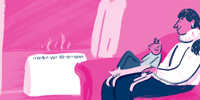 Illustration of a family cosy on the sofa.