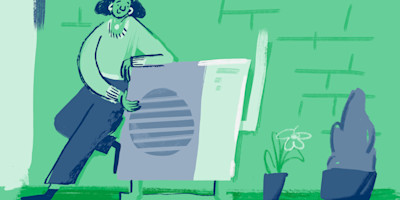 Illustration of a homeowner outside her house looking lovingly at a heat pump.