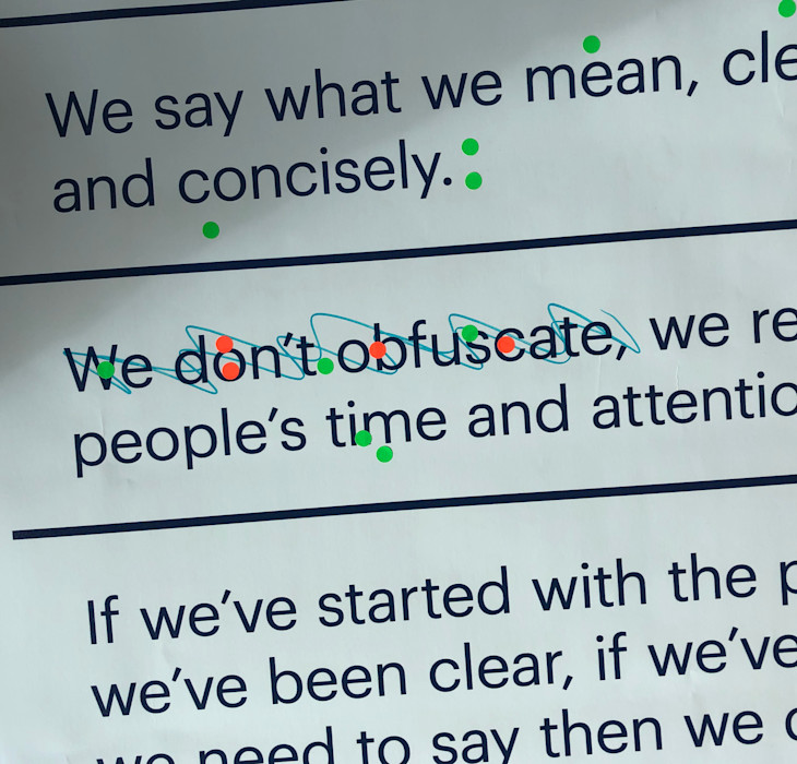 A picture to demonstrate how the team used red and green dots to comment on our culture and values document.