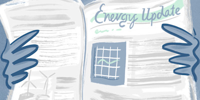 An illustration of a Bulb member reading up on energy news