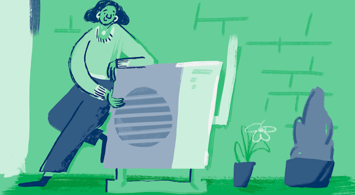 Illustration of a Bulb member looking proud of their heat pump.