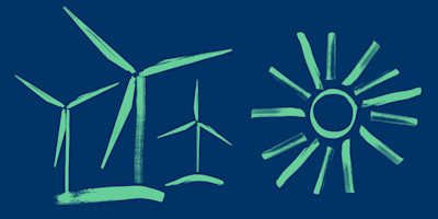 Illustration of wind turbines and the sun
