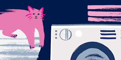 Illustrated cat sitting on a pile of washing