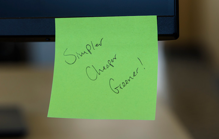 A post-it note in the Brighton office with the Bulb mantra written on it: simpler, cheaper, greener.
