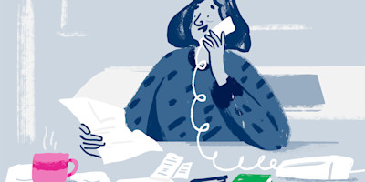 Illustration of a member on the phone to Citizens Advice with a cuppa