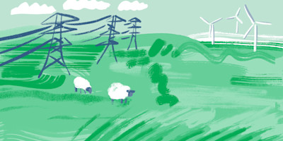 An illustration of electricity pylons in the countryside. We can see a wind farm in the distance and sheep grazing.