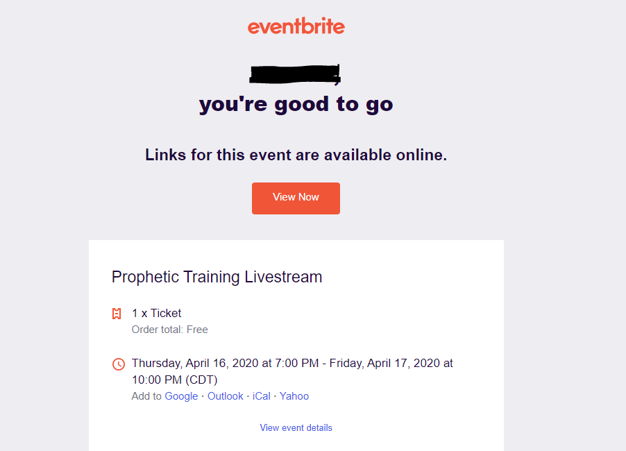 Eventbrite online event email confirmation screenshot