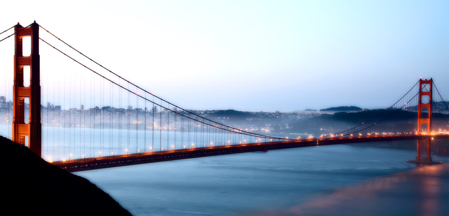 Reis til Usa på Storbyferie. Illustrasjon Golden Gate Bridge.