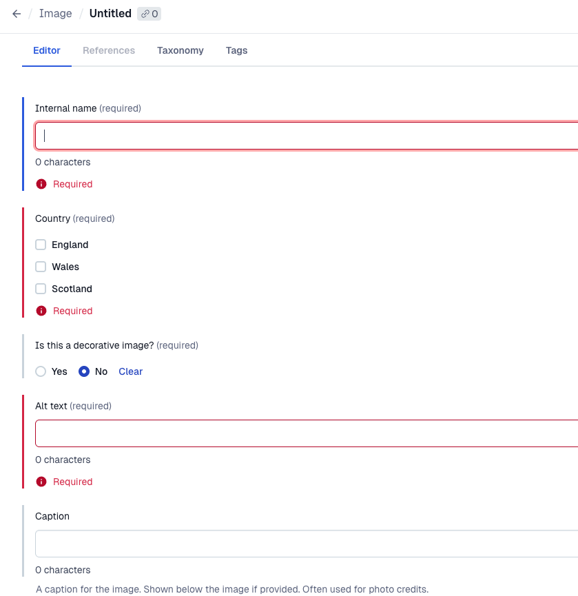 Form for adding an image with required fields for Internal name, Country, Alt text, and an option to mark it as decorative.
